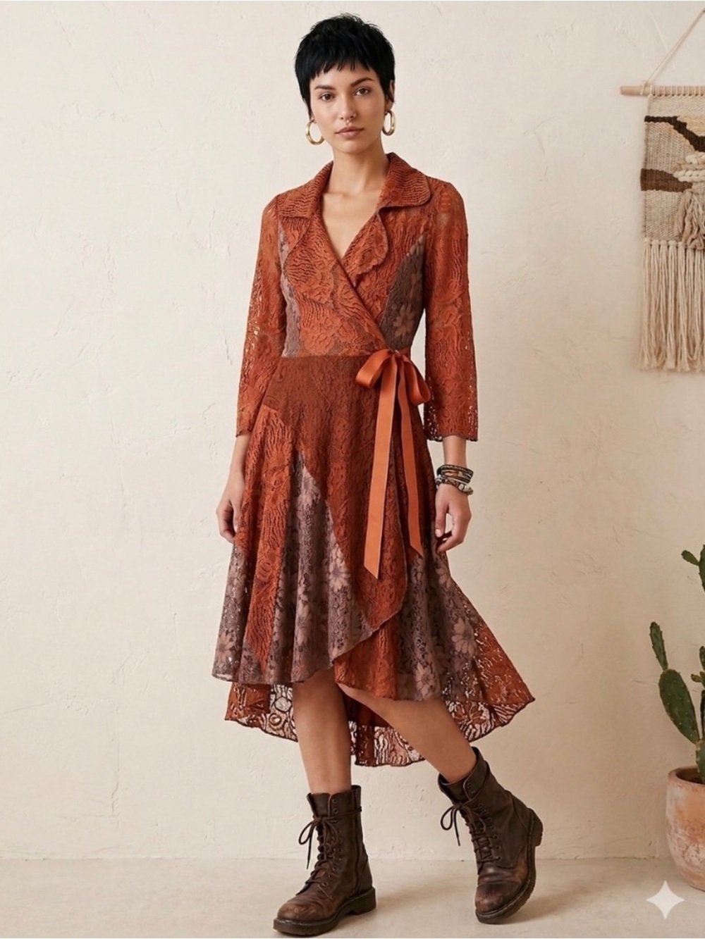Dor Dor Couture Boho Asymmetrical Semisheer Rust Lace Wrap Dress Satin Tie M